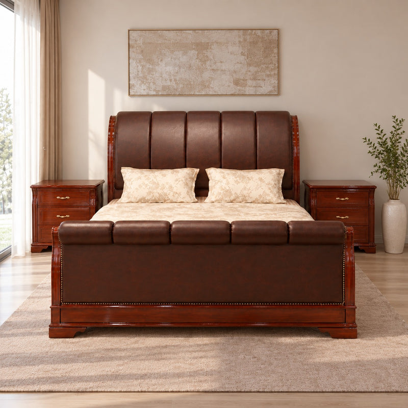 Luxury Leather Upholstered Bed with High Headboard